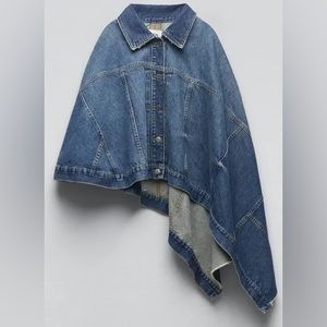 Brand new very fashionable denim cape; can be worn as a jacket also. Beautiful!